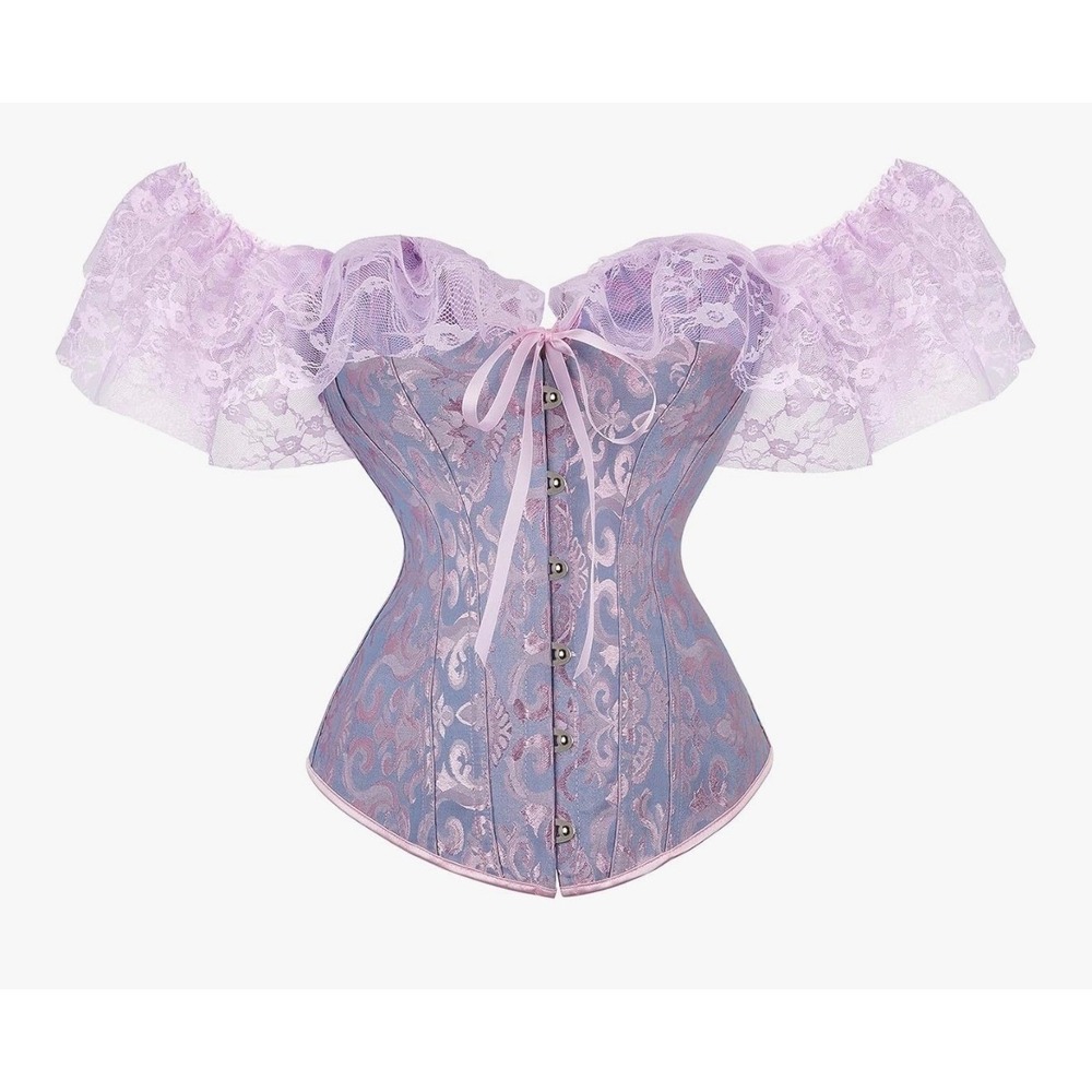 Lavender Pink Brocade Off Shoulder Lace Ruffle Corset Top Size M Cottagecore